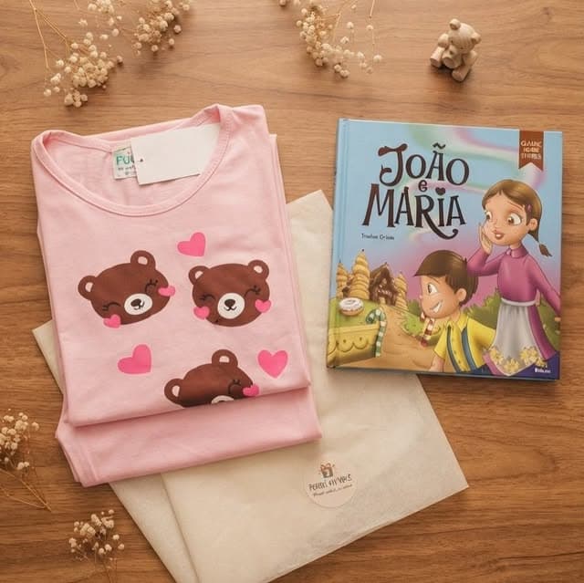 Kit Hora da História: pijama rosa de ursinhos e o livro João e Maria